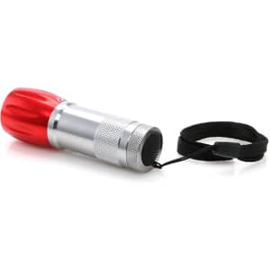 A silver and red torch with a textured grip and a wrist strap, featuring a logo.