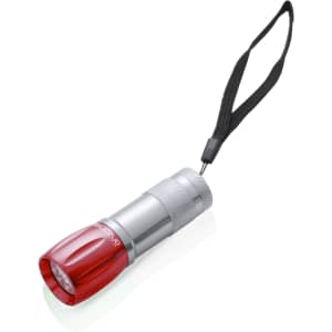 A small silver and red torch with a wrist strap, featuring a sleek design and a reflector at the end.