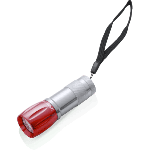 A compact torch in silver and red, featuring a wrist strap and a branding logo on the body.