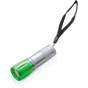 A green and silver Lumosh Torch with a wrist strap, featuring a compact design and LED lights.