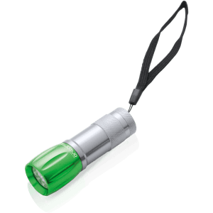 A green and silver torch featuring a wrist strap, designed for easy portability. It includes a branding logo.
