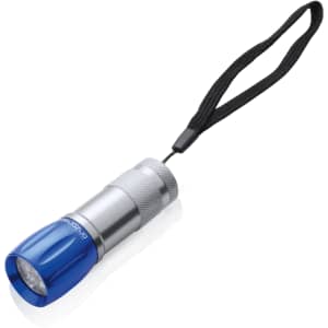 A blue and silver keyring torch with a wrist strap, featuring a textured grip.