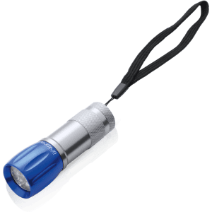 A small torches in blue and silver, featuring a keyring attachment and a wrist strap.