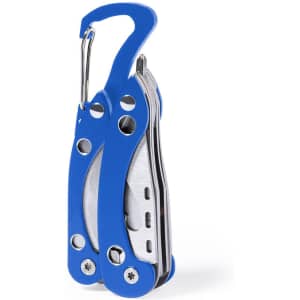 A blue multitool with a metallic finish, featuring a carabiner clip and various tools.