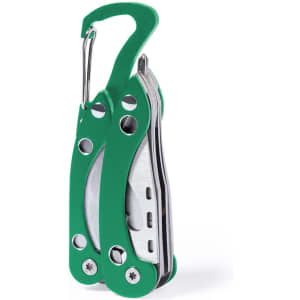 A green multitool featuring a carabiner, stainless steel elements, and a compact design for portability.