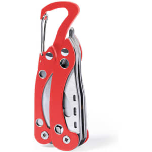 A red multitool with a silver metal blade and keyring attachment. Features multiple tools in a compact design.