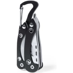 A multitool featuring stainless steel and black components, equipped with a carabiner clip for easy attachment.