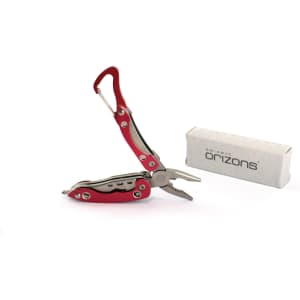 A red multitool with pliers and a carabiner, displayed next to a grey box. The multitool has a silver finish and several tools.