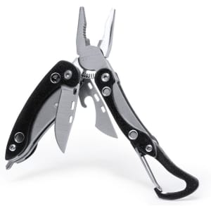 A multitool with pliers, blades, and a carabiner, featuring a black and silver design. It includes a logo.