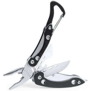 A multifunctional multitool in black and silver, featuring pliers, blades, and a clip. It has a logo on the handle.