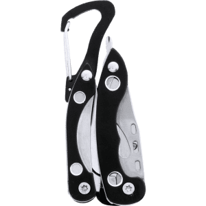 A black and silver multitool with a carabiner attached, featuring various tools and a compact design.
