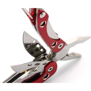 A red multitool with stainless steel components featuring various tools including pliers and blades.