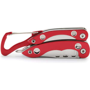 A red multitool with a carabiner clip, featuring multiple tools and a shiny silver blade. It has a small branding logo.