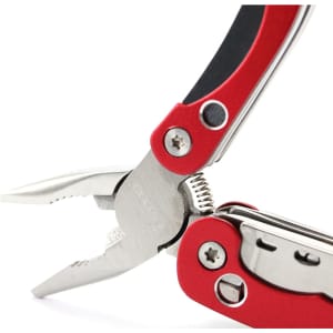 A red multitool featuring pliers, multiple tools, and a silver metal finish, with a logo present on the handle.