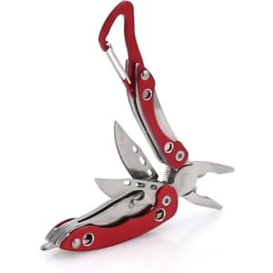 A red multitool with pliers and multiple stainless steel tools, featuring a carabiner attachment and a logo.