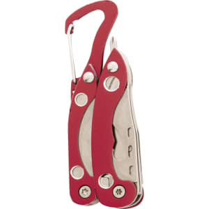 A red multitool with a carabiner clip, featuring various metal implements and a shiny metallic finish.
