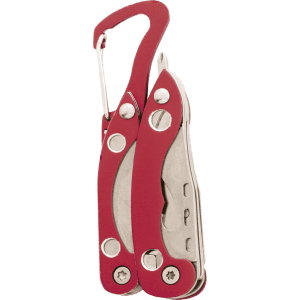 A red multitool with a carabiner feature and various tools, including knife and screwdriver components. It has a logo.