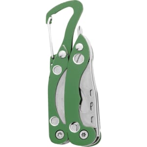 A green multitool with a carabiner clip, featuring various tools, displayed in a compact, folded position.