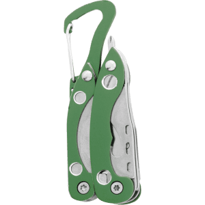 A green multitool with a carabiner clip, featuring multiple tools and a silver finish. It has a logo on it.