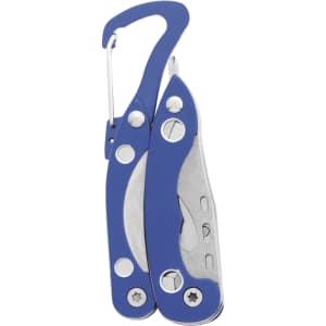 A blue multitool with a carabiner clip, featuring various tools and a sleek design.