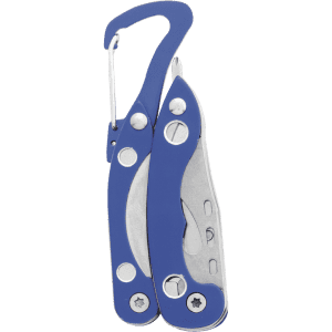 A compact multitool with a silver and blue design featuring a carabiner clip and various tools.