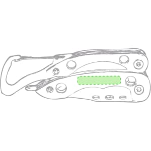 A silver multitool with a green highlight, featuring a carabiner clip and various tool components.