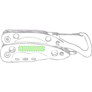 A multitool featuring a combination of silver metal components, a clip, and a logo.