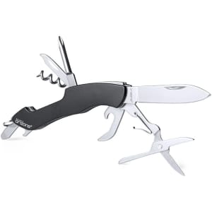 A multifunction pocket knife featuring a black handle and silver tools, including a knife, scissors, and corkscrew.