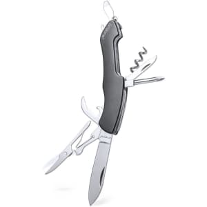 A multifunction pocket knife with a black handle and various stainless steel tools including a knife, scissors, and corkscrew.