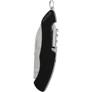 A multifunction pocket knife in black and silver, featuring various tools and a keyring attachment.