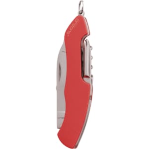A red multifunction pocket knife with a sleek design, featuring a metal blade and a keyring attachment.