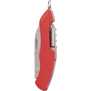 A red multifunction pocket knife with silver accents and a keyring attachment. Features multiple tools.