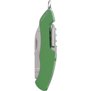 A green multifunction pocket knife with a chrome blade and a keyring attachment. Features an ergonomic design.