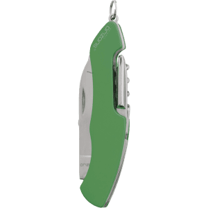 A green multifaceted pocket knife with a silver blade, designed for keyring attachment, featuring a logo.