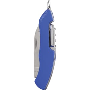 A blue multifunction pocket knife with a silver blade and a keyring attachment. It features a sleek design and branding.
