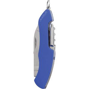 A blue multifunction pocket knife with a silver blade and keyring attachment. Features a sleek design and branding.