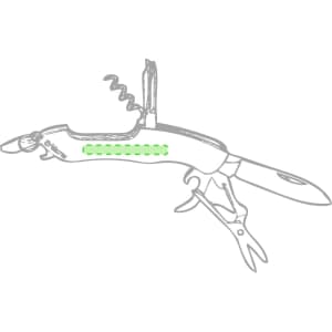 A multifunctional silver pocket knife featuring multiple tools including a knife, scissors, and a corkscrew, with a logo.