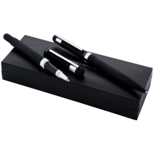 A black metal pen set featuring a ballpoint pen and a stylus in a sleek presentation box.