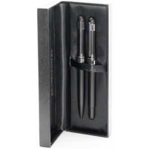 A sleek black metal pen set displayed in a stylish black box with a logo. Two pens are included.