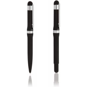 A set of black metal pens with a sleek design and silver accents, featuring a logo on one pen.