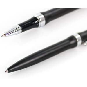 A set of two black metal pens with silver accents, featuring a ballpoint and a retractable tip.