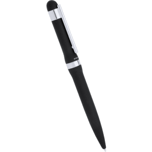 A metal pen with a black rubber grip and silver accents, featuring a smooth clip and a stylus tip.
