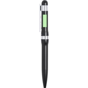 A black metal pen with a green section and silver accents, featuring a clip and a smooth design.