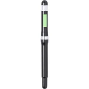 A black metal pen featuring a silver accent and a green section, with a logo on the body.