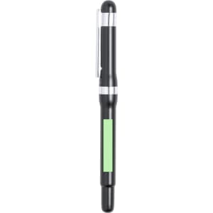 A metal pen in black with a green accent, featuring a silver clip and a logo on the barrel.