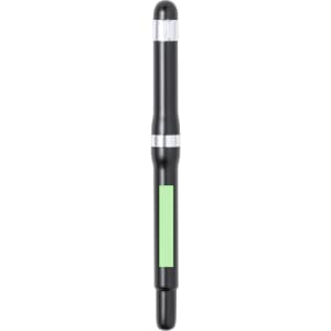 A metal pen in black with green accents and a logo. Features a sleek, modern design.