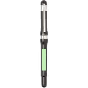 A metal pen in black with a green grip and silver detailing. It features a branding logo.