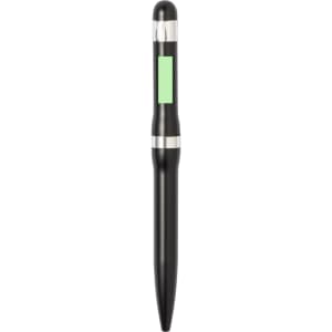 A black metal pen with a silver clip and a green accent, featuring a logo on the barrel.