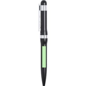 A black metal pen with a green section and a clip, featuring a sleek design and a logo.