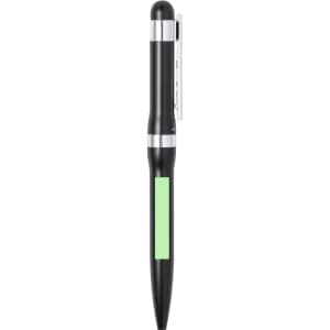 A metal pen in black with a green accent and a silver clip, featuring a logo.